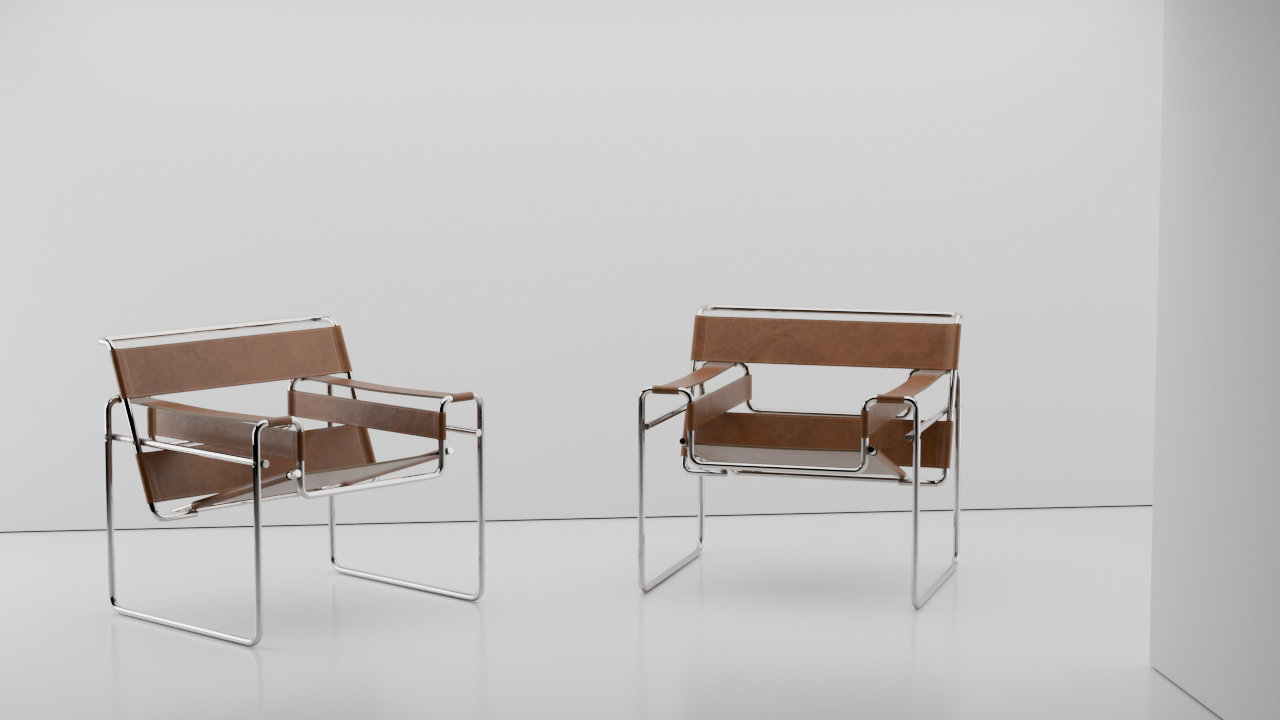 Rendering 3D della sedia Wassilly di Marcel Breuer, design elegante con dettagli precisi, creato per un esercizio di stile nel campo del product design e pubblicità.